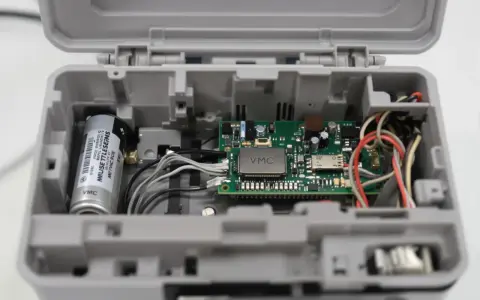 Intérieur d'un boîtier gris ouvert, révélant un circuit imprimé VMC, une batterie et des fils. Le VMC qui bip pourrait indiquer un problème.