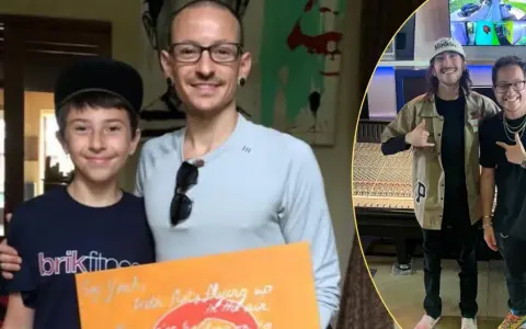 Draven Sebastian Bennington z fanem, a obok niego dwaj muzycy w studiu nagraniowym.