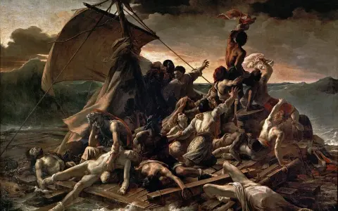 La balsa de la medusa: náufragos desesperados luchan por sobrevivir en un mar embravecido. Un comentario sobre la fragilidad humana y la esperanza.
