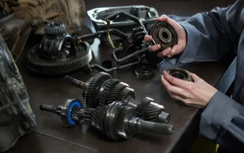 Mechanik analizuje części skrzyni biegów, szukając przyczyny, dla której sprzęgło skrzypi przy puszczaniu.