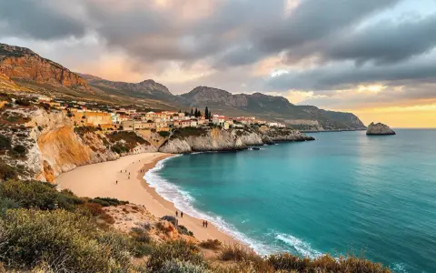 Traumhafte Bucht auf Sardinien im Oktober. Das Wetter ist mild, die Sonne bricht durch die Wolken und taucht die Küste in warmes Licht. Ein perfekter Tag für einen Spaziergang am Strand.