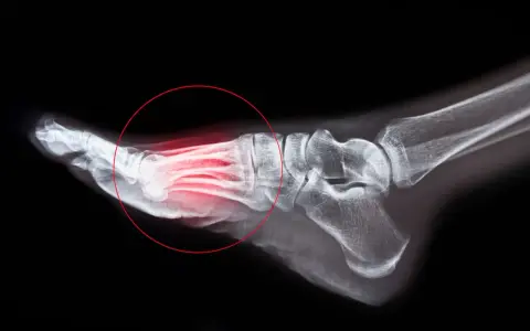Radiographie du pied montrant une fracture de fatigue métatarsienne, avec une zone rouge indiquant la douleur. Le temps de guérison est essentiel.