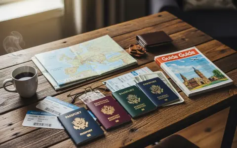 Passeports, billets d'avion, carte, guide et tasse de café sur une table en bois.