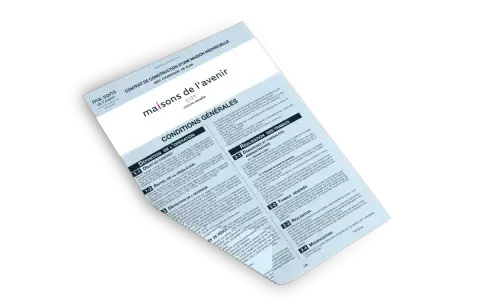 Contrat de construction d'une maison individuelle avec fourniture de plan. Conditions générales, définition de l'opération, rappel de la législation, définition de l'ouvrage, démarches administratives, travaux réservés, réalisation et modifications. CC...