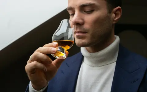 Mężczyzna w eleganckim garniturze i golfie wącha bursztynowy płyn w kieliszku. Czy to single malt?