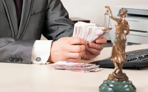 Un homme en costume compte des billets d'euros, une balance de la justice à proximité. La question se pose : le donateur peut-il vendre un bien donné en donation ?