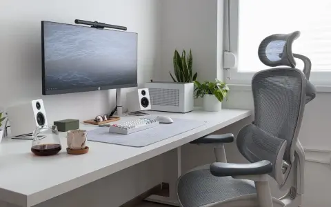 Installation poste de travail épurée avec écran, clavier, souris, enceintes blanches, plantes et chaise ergonomique grise.