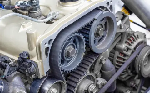 Close-up of a car timing belt system with gears and pulleys. This essential component ensures precise engine timing.