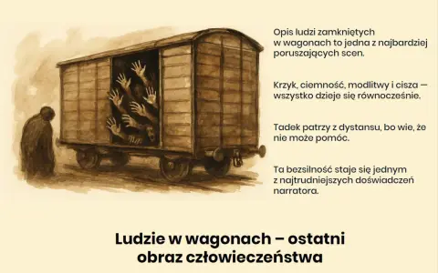 Ludzie w wagonie, błagające ręce. Tadek patrzy, wie, że nie może pomóc. "Proszę państwa do gazu" – krzyki, modlitwy, cisza.