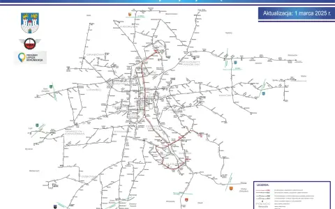 Schemat tras komunikacji miejskiej w Częstochowie, aktualizacja 1 marca 2025 r. GTV Częstochowa Blachownia rozkład jazdy.