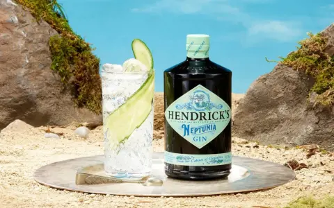 Ein erfrischender Gin Tonic mit Hendricks Neptunia Gin, Gurkenscheiben und Eis, auf sandigem Untergrund mit Felsen und blauem Himmel.