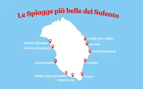 Mappa del Salento con pin che indicano le spiagge più belle: Porto Cesareo, Punta Pizzo, Torre San Giovanni, Pescoluse, Torre dell'Orso, Alimini, Porto Badisco, Castro, Ciolo.