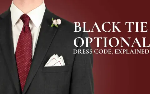 A man in a dark suit, white shirt, and red polka-dot tie, with a boutonnière and pocket square. Text reads "BLACK TIE OPTIONAL".
