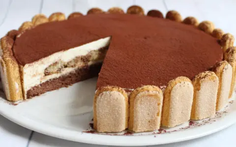 Eine köstliche tiramisu torte, mit Löffelbiskuits und Kakaopulver verziert, wartet darauf, angeschnitten zu werden.