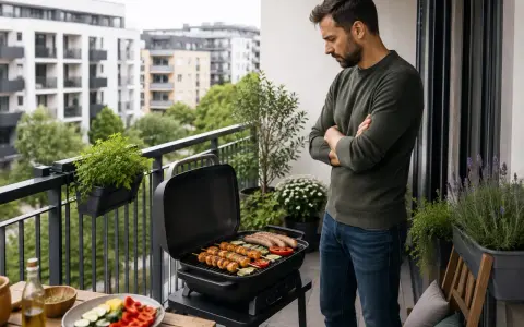 Mężczyzna na balkonie z grillem, na którym pieką się kiełbaski i szaszłyki. To dowód, że można robić grilla na balkonie, ciesząc się posiłkiem na świeżym powietrzu.