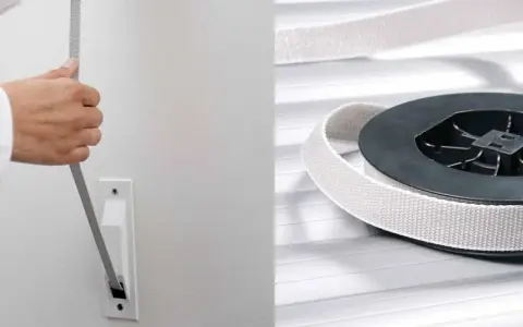 Ein gerissenes Rolladenband wird aus einer Wandhalterung gezogen. Daneben liegt ein neues Band auf einer Rolle.