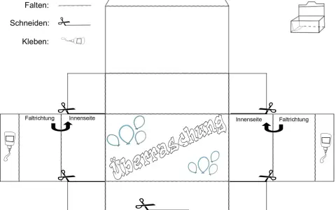 Bastelvorlage für eine Schachtel zum Ausdrucken. Mit Anleitung zum Falten, Schneiden und Kleben. Perfekt für eine kleine Überraschung!