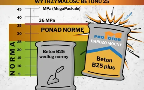 Wykres porównujący wytrzymałość betonu B25. Jeden worek to beton według normy, drugi to "Beton B25 plus" - bardzo mocny, przekraczający normę. Beton wodoszczelny.
