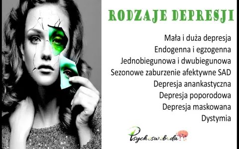 Kobieta z pękniętą twarzą, odsłaniającą zielone oczy, symbolizuje różne rodzaje depresji, takie jak endogenna, dwubiegunowa czy maskowana.