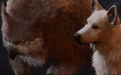 Un oso lechuza de BG3 con pelaje marrón y ojos amarillos intensos, junto a un lobo blanco y marrón.