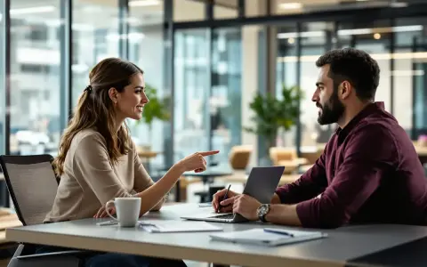 Une femme explique un point à un homme, son **custom success manager**, devant un ordinateur portable dans un bureau moderne.
