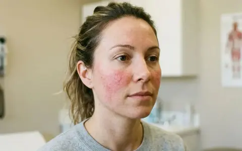 Femme avec rougeurs sur les joues, signe d'une barrière cutanée fragilisée.
