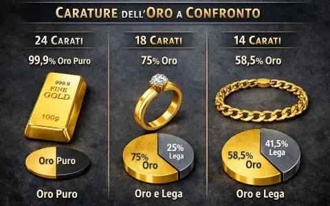 Confronto carature oro: 24 carati (oro puro), 18 carati (75% oro), 14 carati (58,5% oro).