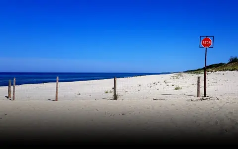 Plaża na mierzei wiślanej. Siatka i znak STOP wyznaczają granicę.
