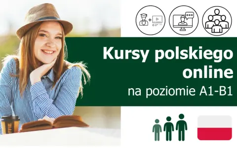 Uśmiechnięta dziewczyna w słomkowym kapeluszu i koszuli w paski, z książką i kawą. Obok napisy "Kursy polskiego online" i ikony symbolizujące naukę. Darmowy kurs języka polskiego dla obcokrajowców online.
