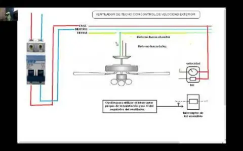 Diagrama eléctrico para conectar cables de un interruptor doble a un ventilador de techo con control de velocidad exterior.