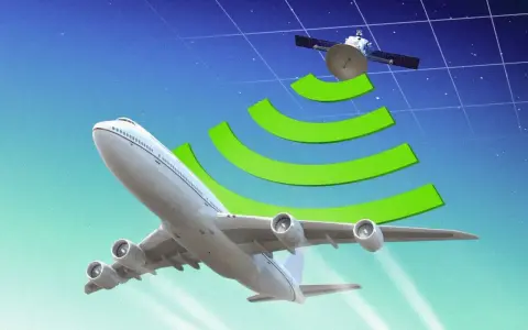 Samolot w przestworzach odbiera sygnał z satelity, co pokazuje, że w samolocie można używać internetu.
