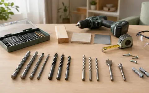 Variedad de tipos de brocas para pared y madera, junto a taladro, cinta métrica y gafas de seguridad.