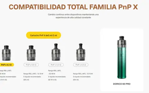 El dispositivo **Doric** 60 Pro y sus cartuchos PnP X, con diferentes resistencias y rangos de potencia, ofrecen una experiencia de vapeo versátil.