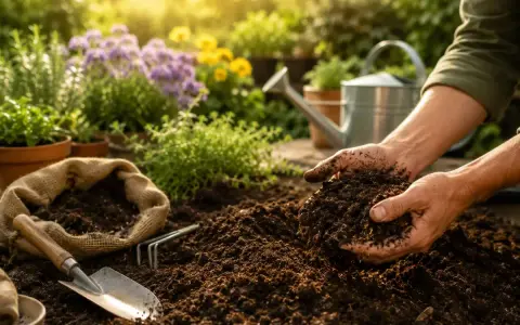 Manos sostienen tierra fértil, lista para sembrar en la tierra de huertos. Herramientas de jardinería y flores en el fondo.