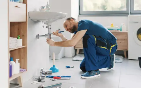 Instalator klęczy przy umywalce, pokazując, jak wymienić kran. Narzędzia i części są rozłożone na podłodze.