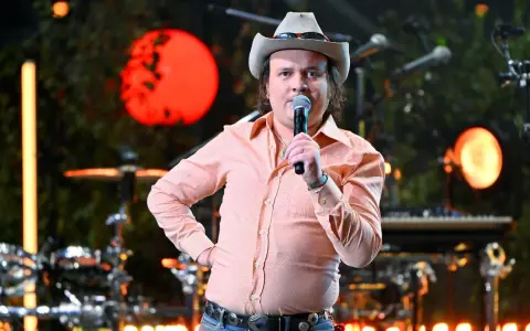 David Ritschard konsert. Artist med cowboyhatt och orange mönstrad skjorta sjunger i mikrofon på scenen.