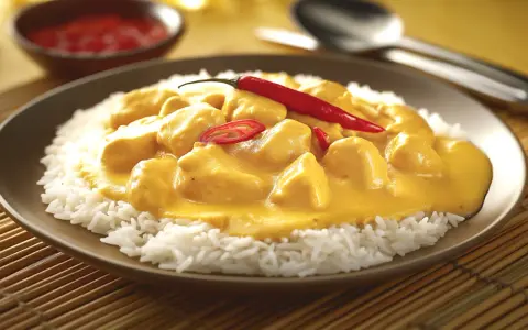 Straccetti di pollo al curry su un letto di riso bianco, guarniti con peperoncino rosso fresco. Un piatto invitante e saporito.