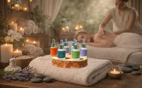 Set di oli essenziali corpo in un'atmosfera rilassante da spa, con candele e massaggio in sottofondo.