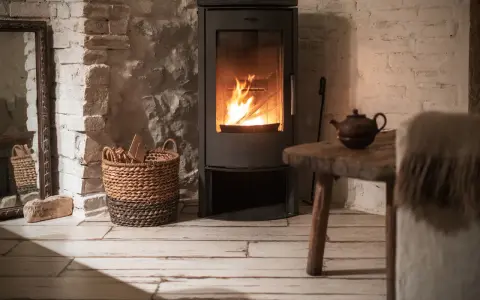 Stufa a pellet senza presa d'aria, con fiamme vive, accanto a un cesto di legna e un tavolino rustico.