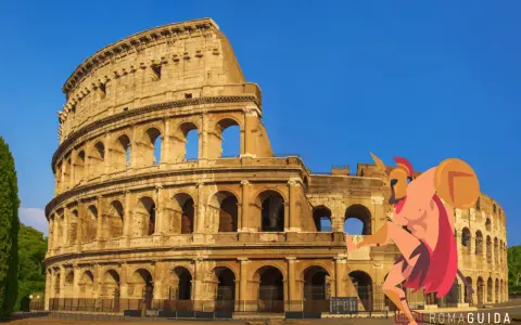 Il Colosseo fa da sfondo a un guerriero stilizzato, perfetto per una ricerca sul Colosseo per la scuola primaria.