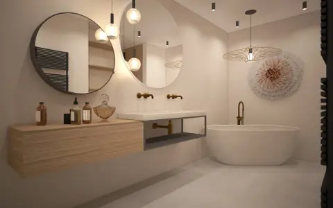 Salle de bain épurée avec baignoire îlot, double vasque et mobilier bois. Une vision de la tendance salle de bain 2026.