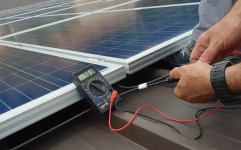 Instalator sprawdza napięcie paneli fotowoltaicznych. Dofinansowanie fotowoltaika dla firm ułatwia inwestycje w zieloną energię.