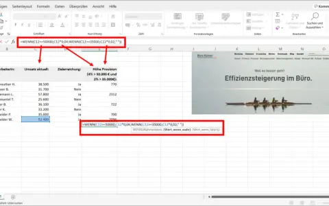 Excel-Formel mit verschachteltem WENN-Wahrheitstest zur Provisionsberechnung.