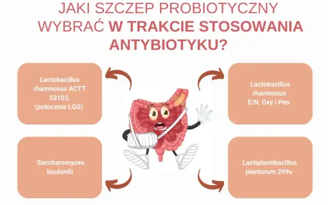 Grafika przedstawia jelita w bandażach, obok nich nazwy probiotyków, w tym Lactobacillus rhamnosus, sugerując wybór wsparcia podczas antybiotykoterapii.