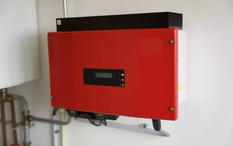 Röd kostal växelriktare monterad på en vit vägg. Enheten har en liten display och indikatorlampor.