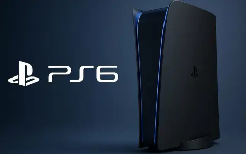 Logo PS6 i czarna konsola z niebieskim podświetleniem. Premiera PS6 już wkrótce!