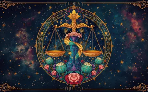 Złota waga na tle kosmosu, symbolizująca horoskop dzienny Waga. Kwiaty i gwiazdy tworzą magiczną oprawę.