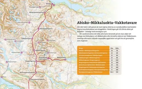 Karta över Kungsleden, sträckan Abisko-Nikkaluokta-Vakkotavare. Visar fjällstugor, nationalparker och vandringsleder.
