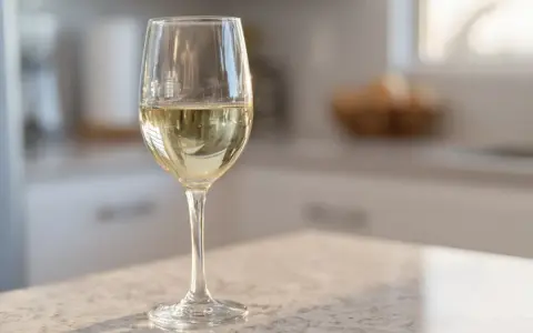 Ett glas med torrt vin står på en bänkskiva i ett kök.