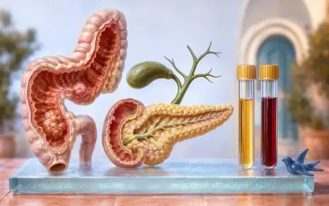 Anatomia układu pokarmowego: jelito grube, trzustka, pęcherzyk żółciowy, próbówki z płynami. Ca 19-9 to marker nowotworowy.